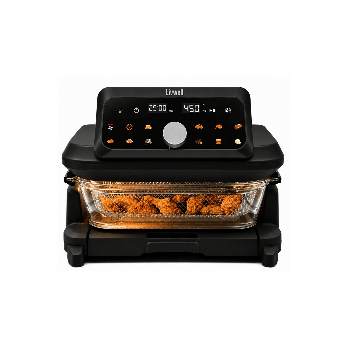 Livwell 6 Quart Glass Container Air Fryer with Accessories, Black & Silver