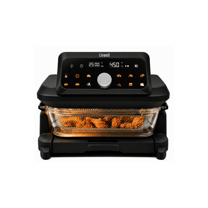 Livwell 6 Quart Glass Container Air Fryer with Accessories, Black & Silver